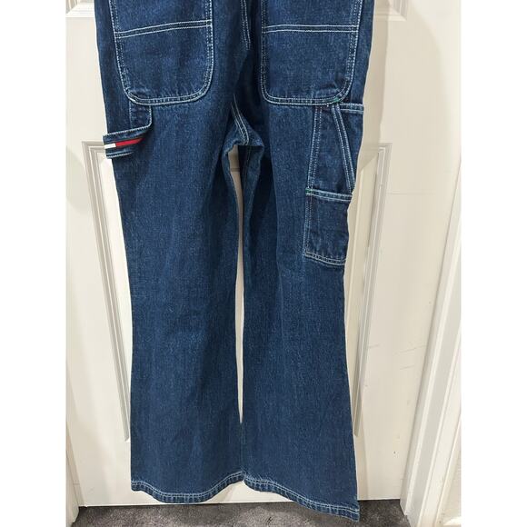 Vintage 2002 Tommy Hilfiger Blue Jean Bootcut Logo Straps Overalls Size Small - Picture 8 of 12